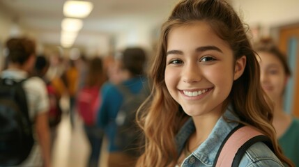 Happy Teenage Girl with Backpack in School Hallway