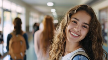 Happy Teenage Girl with Backpack in School Hallway