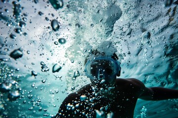 Close-up underwater photo of a person snorkeling with bubbles and water droplets creating dynamic motion. Bright, clear blue water background.