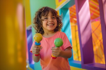 Happy child playing with colorful maracas in a vibrant, cheerful indoor play area.
