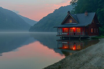 Fototapeta premium Tranquil Lakeside Cabin at Sunrise with Reflective Waters and Lush Forest Background
