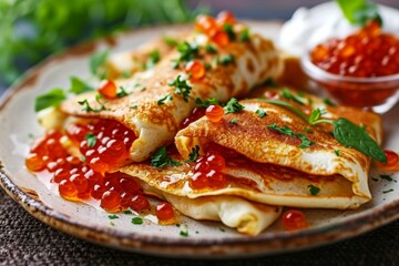 Rolled pancakes topped with red caviar and garnished with fresh herbs on a ceramic plate
