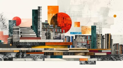 collage for Library and Books lovers, postmodern art style, white background