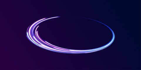 Neon color glowing lines background, Purple glowing wave swirl, impulse cable lines. High-speed light trails effect. Futuristic dynamic motion technology. 