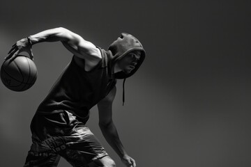 Dynamic black and white image of a hooded basketball player in action, showcasing athleticism and intensity.
