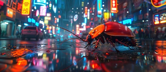 Cockroach Thrives in a NeonLit Futuristic City Street