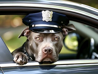 A pit bull terrier dog wearing a policeman's hat looks out of the car window. Artificial intelligence.