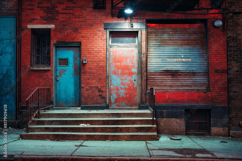 Wall mural nighttime urban alleyway with worn blue doors and red brick walls, illuminated by a single street la