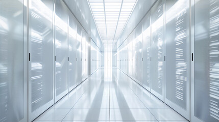 Modern Server Room With A Long White Hallway