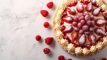 Delicious pie fresh raspberries. Light background copy space. Sweet dessert