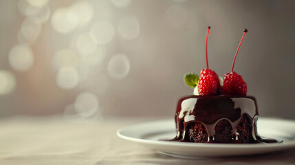 Chocolate sweet dessert cake raspberries plate. Light background copy space