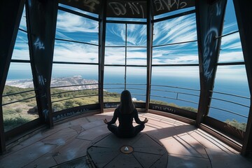 A person meditates inside an old, graffiti-covered structure with panoramic views of a coastal...