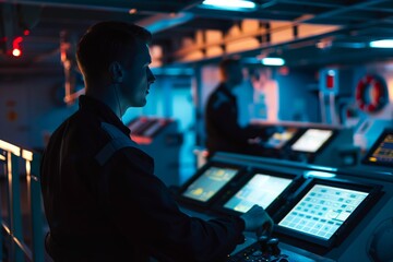 Two operators are working in a control room with advanced touch screen panels, illuminated by cool blue and warm orange lighting.