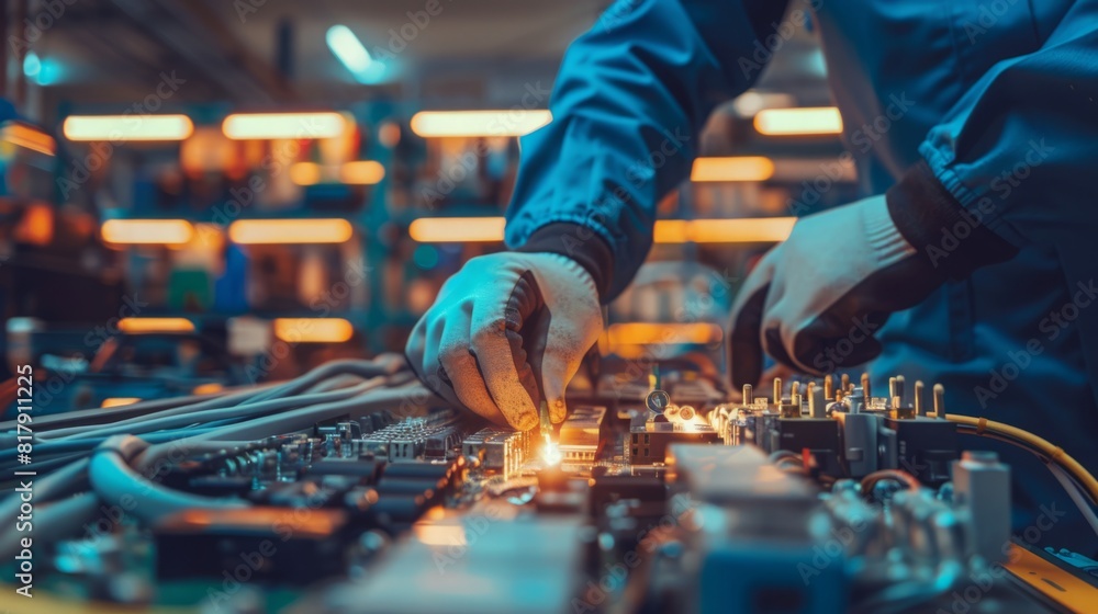 Poster a worker meticulously assembling a circuit board in a factory setting, focusing on precise soldering