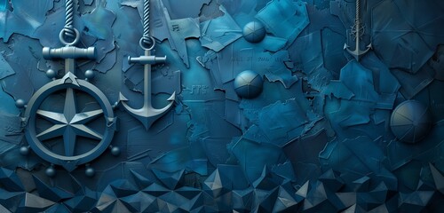 Abstract background, nautical elements such as anchors, ropes, or compass motifs within the blue...