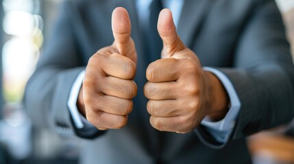 A man in a suit is giving a thumbs up sign. Concept of approval or satisfaction, Customer Satisfaction, High satisfaction ratings are crucial for top-rated companies.