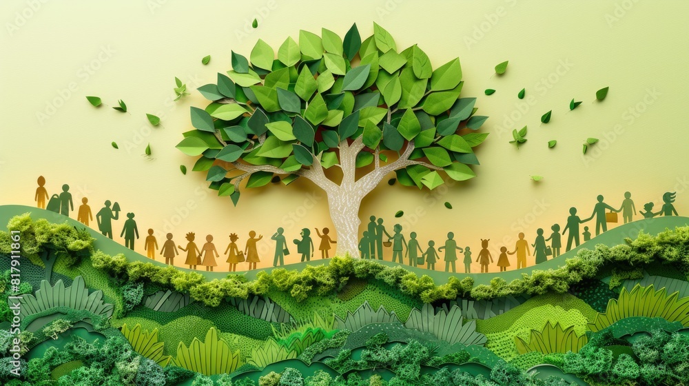 Poster papercut art a tree is the main focus of the image with diverse group of people under a tree and sca