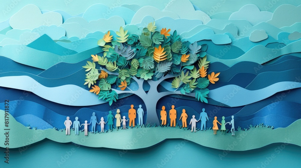 Poster papercut art a tree is the main focus of the image with diverse group of people under a tree and sca