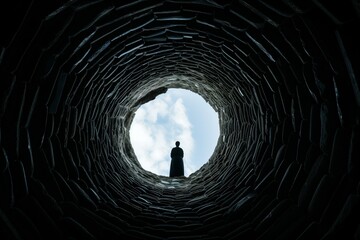 View from the bottom of a well looking up at a person standing at the top edge against a blue sky with clouds.