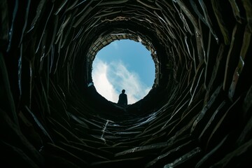 Looking up from the bottom of a deep stone well towards the bright sky, with a silhouette of a person standing at the edge.