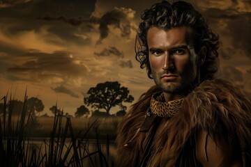 Portrait of a man in tribal clothing with a fur vest and patterned scarf against a dramatic sunset landscape with silhouettes of trees.