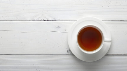 Aromatic tea in cup on white wooden table, top view isolated on white background, isometry, png
