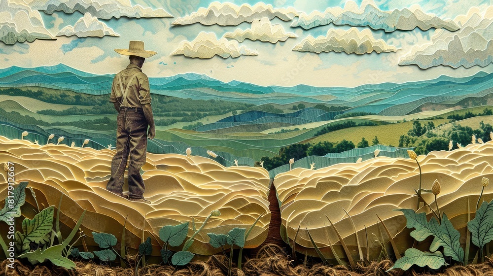 Poster a man is walking on a field with a hat on. the sky is cloudy and the field is dry