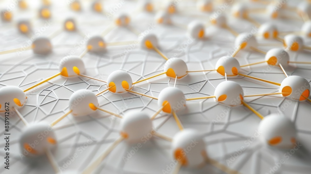 Poster close-up of a network of white and yellow spheres. concept of interconnectedness and complexity, as 