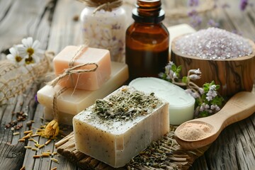 Homemade soaps, fragrant herbs and flowers on a wooden table.