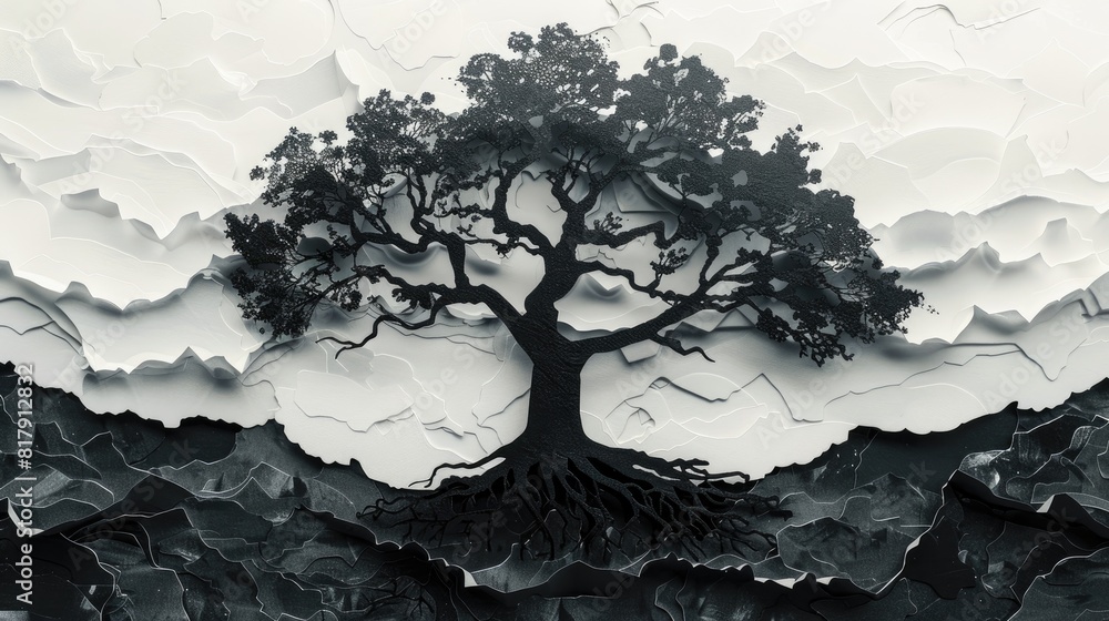 Poster a tree with roots is the main focus of the image. the tree is surrounded by a rocky landscape, which