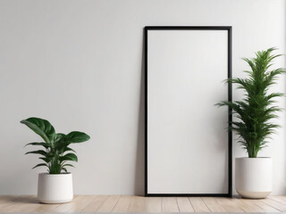 A minimalist mockup featuring a black vertical frame with a blank white card, a potted plant beside it, and the frame leaning against a white wall on the floor.