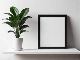 A minimalist mockup featuring a black vertical frame with a blank white card, a potted plant beside it, and the frame leaning against a white wall on the floor.