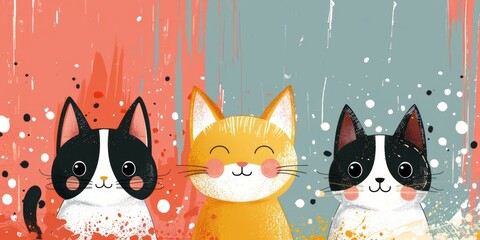 Three cats calmly sit in front of a vibrant and colorful backdrop