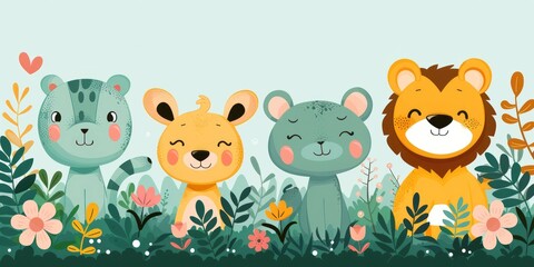 Obraz premium Lions and tigers playing together in tall grass field