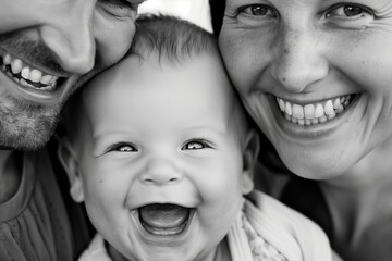 Close-up black and white photo of a joyful family with parents and a smiling baby in the center.