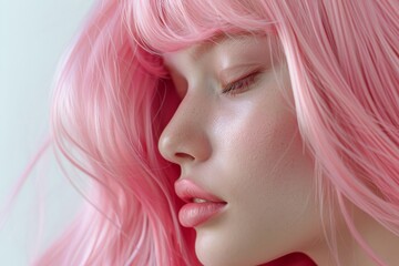 Fototapeta premium portrait of a girl's face with pink hair on a white background