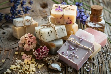 Homemade soaps, fragrant herbs and flowers on a wooden table.