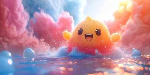 A small yellow bird gracefully floats in water