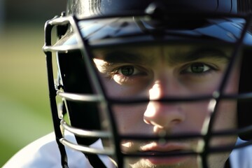 Close-up of a focused football player wearing a helmet and face guard during a game. The image highlights determination and readiness.