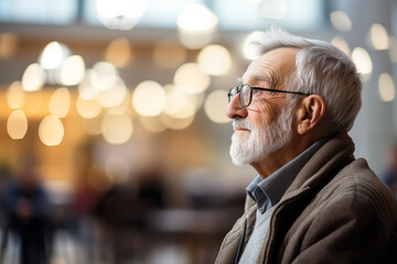 Portrait of senior man with eyeglasses looking away in cafe
