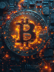 A close up of a glowing B on a circuit board. Concept of technology and innovation, as well as the importance of the digital currency Bitcoin