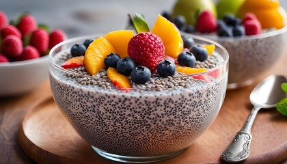 A bowl of chia pudding with fruit topping, healthy living healthy food concept