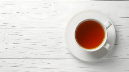 Aromatic tea in cup on white wooden table, top view isolated on white background, isometry, png

