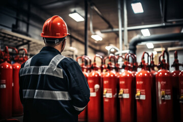 Portrait of worker standing in front of a fire extinguisher in the warehouse. Soft focus