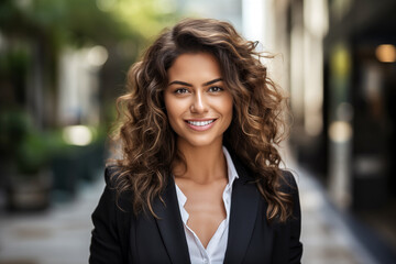 Fototapeta premium Portrait of a beautiful young brunette woman with curly hair.