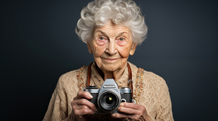 Portrait of an elderly woman with a camera in her hands.