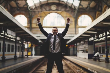 Energetic man in a suit joyfully raising his arms at a train station platform, symbolizing excitement or success in a professional journey.