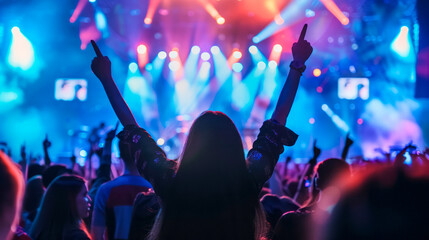Silhouette of a girl with her hands raised in a crowded concert hall with scene stage lights in blue tones.