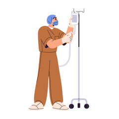 Nurse in protective mask adjusts IV on stand. Doctor setting up drop counter for intravenous therapy. Medic with medical dropper in hospital. Flat isolated vector illustration on white background