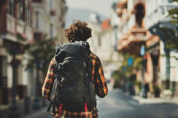 Traveler with a backpack walking down an urban street, wearing a plaid shirt on a sunny day, exploring a city or town.